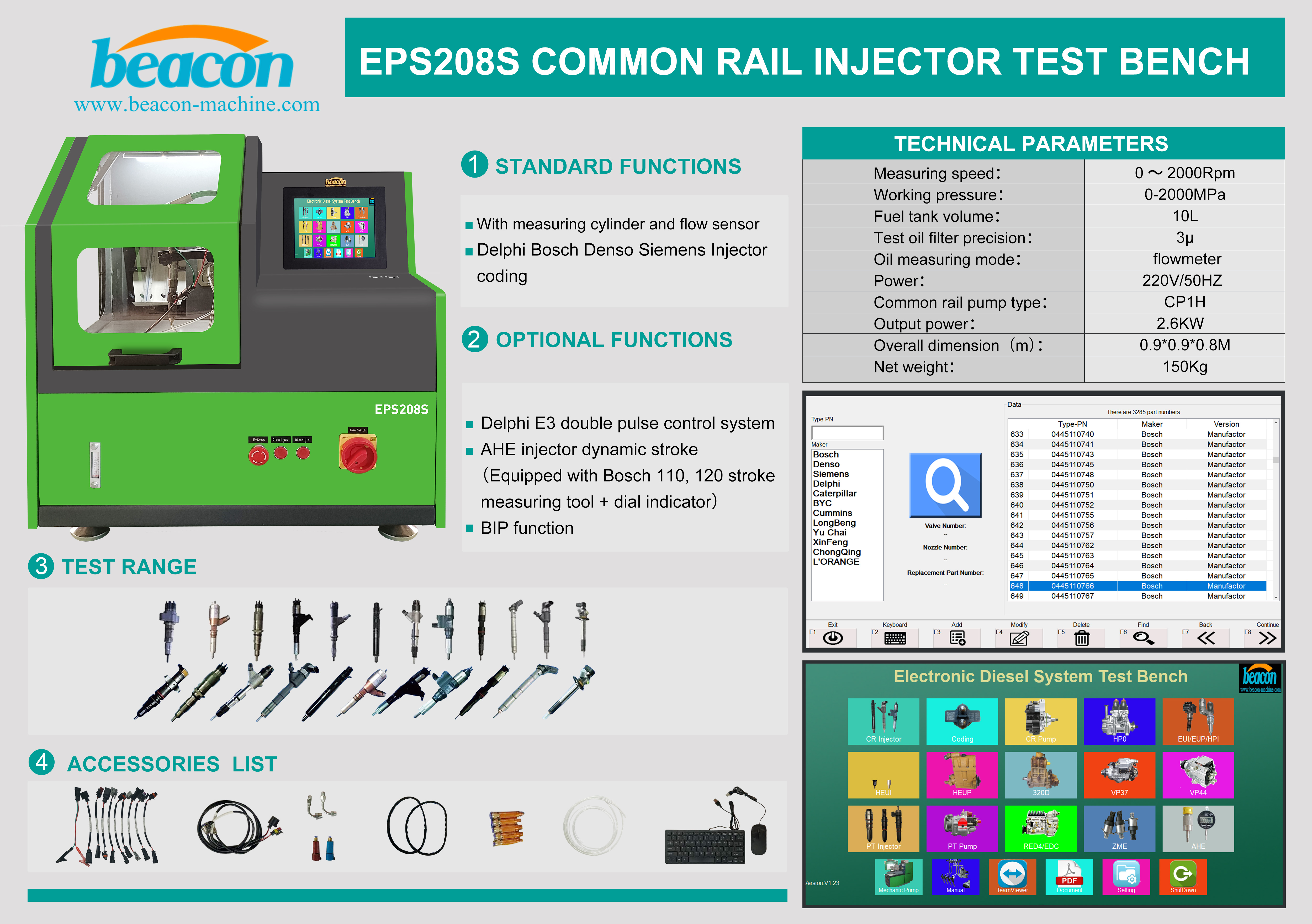 EPS208S CRDI Banco de prueba de codificación de inyector piezoeléctrico Common Rail con sensor de flujo y botella de medición