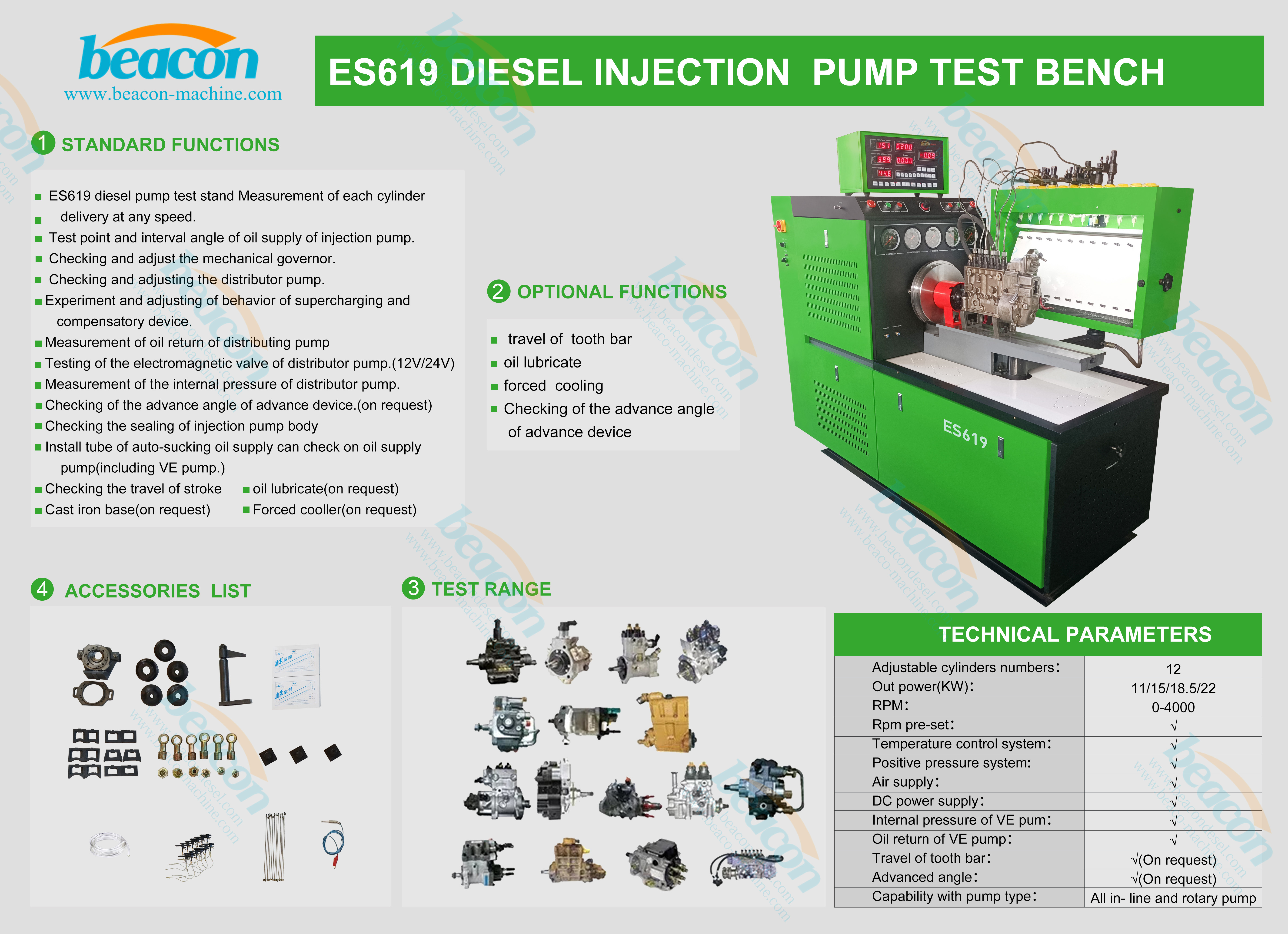 Beacon BCS619 máquina de servicio diesel DTS619 banco de pruebas de bombas de inyección diesel convencionales ES619 con 12 cilindros