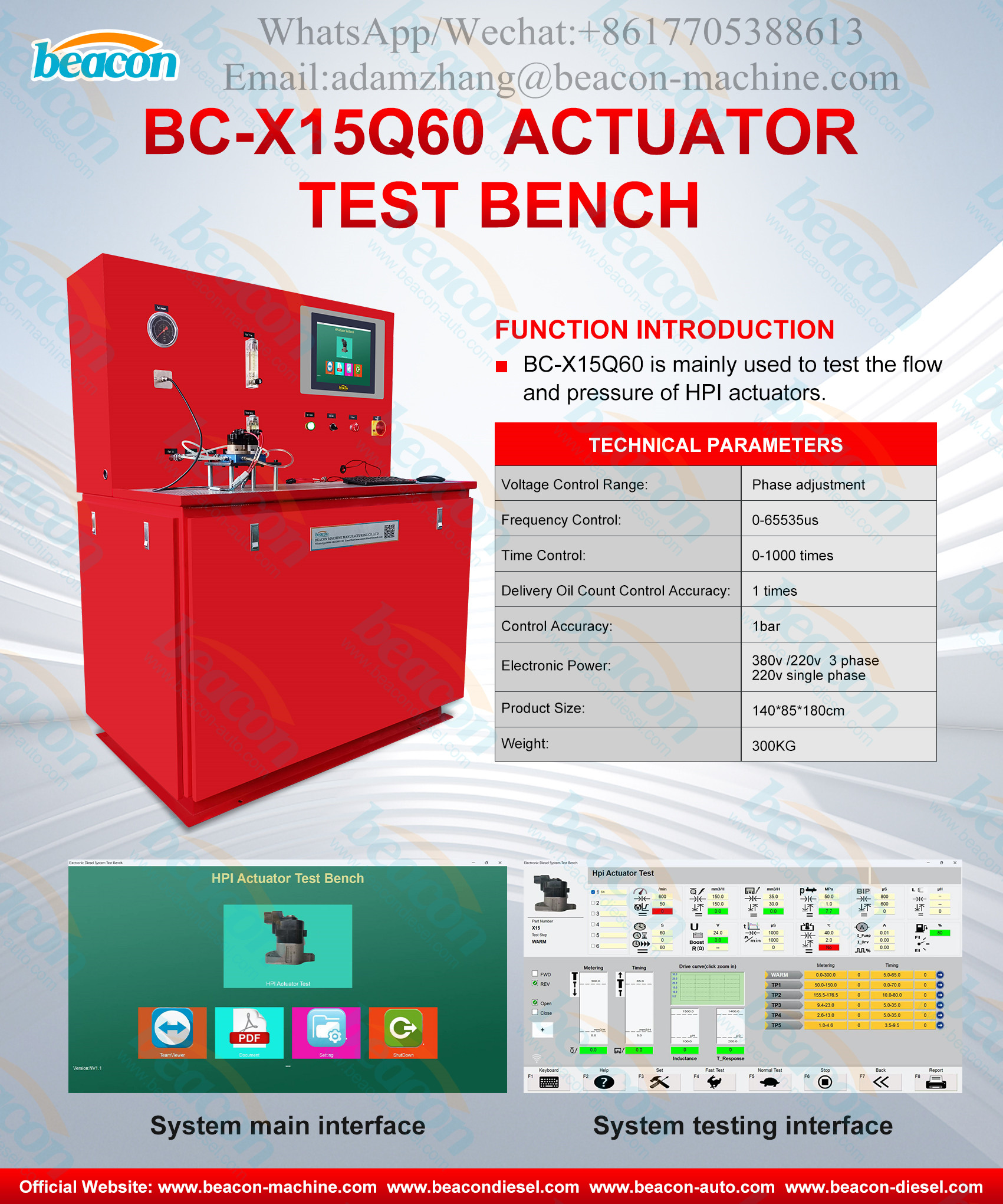 El banco de pruebas Common Rail BC-X15Q60 de Beacon Machine se utiliza para probar el flujo y la presión de los actuadores HPI